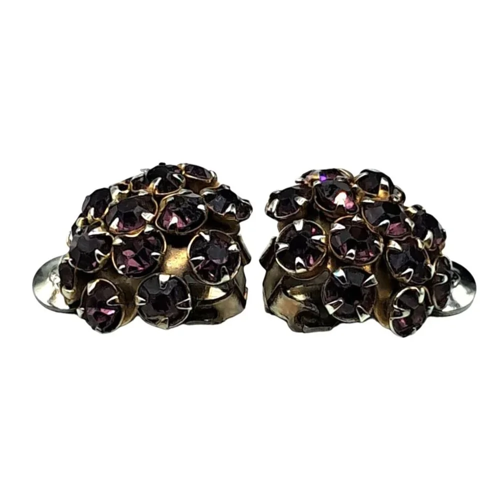 Vintage Purple Rhinestone Earr Gold-Tone Clip-On Earrings With Purple Rhinestone
